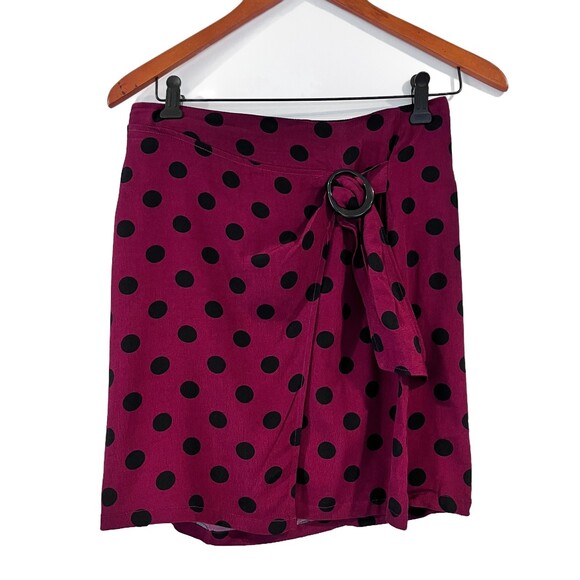 MNG Mango NEW Burgundy Black Polka Dot Faux Wrap Mini Skirt XS - Picture 2 of 11